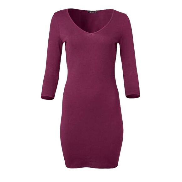 Venus Burgundy Long & Learn Deep V Neck Mini T-shirt Dress 1X Plus Size Casual - Picture 1 of 8